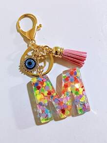 1 pieza Llavero con inicial de alfabeto, llavero de pompón de peluche lindo, accesorio colgante para bolso, mochila, coche, mujer y niña. Llavero de resina con lentejuelas, accesorios para billetera y bolso, llavero con borlas, inicial de alfabeto de la A a la Y, accesorios para coche, ideas de regalo de Navidad gótico y Y2K