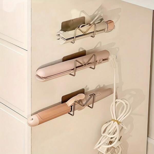 1pc No-Drill Wall Mounted Hair Dryer Holder - Stainless Steel Bathroom Storage Rack, Strong Adhesive Multi-Function Space Saver Organizer For Beauty Products, Glasses, Simple Design, No Drilling Required, Sticky Fixing, Multi-Layer Shelves