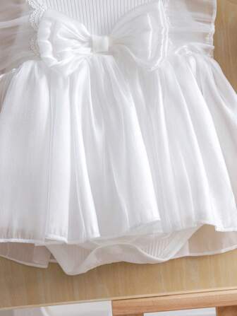 2 st Nyfödda Babyflickor Modern Prinsessa Mesh Ärmlös Body Och Pannband Set, Sommar