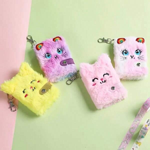1pc New Kids Plush Pocket Cute Notebook With Keychain Mini Plush Notebook Plush Diary(Random Style Color) ,Office Desk Accessories,School Supplies,Perfect Birthday Gift - Party Gift - Holiday Gift - Back To School Gift,