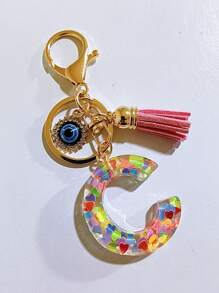 1 pieza Llavero con inicial de alfabeto, llavero de pompón de peluche lindo, accesorio colgante para bolso, mochila, coche, mujer y niña. Llavero de resina con lentejuelas, accesorios para billetera y bolso, llavero con borlas, inicial de alfabeto de la A a la Y, accesorios para coche, ideas de regalo de Navidad gótico y Y2K