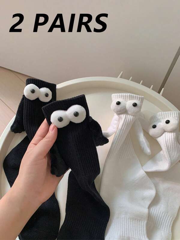 2 Pairs Cartoon Eyes Print Unisex Couple Socks, Cute Fun Long Socks, Casual Sports Lovers Socks, Black-White Street Style Personalized Socks