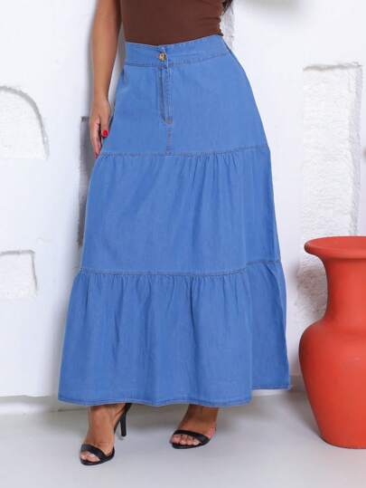 Saia Longa Jeans Feminina com Babado 3 Marias Saia Longa com Elástico