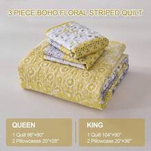 Boho Quilt Set California King, Yellow Bohemian Striped Patchwork Bedspread Coverlet Set With 2 Pillowcases, Lightweight Microfiber Floral Bedding Set 106*96, Bohemian Style - Màu vàng - Xem 7