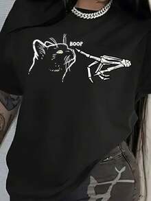 Unisex Shirt With Cat Skeleton Print, Casual Model, New Release, 100% Cotton Shirt - 黑色 - 查看 2