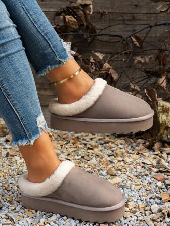 女士高帮厚底羊毛混纺露趾家居拖鞋，防滑静音，室内/室外均可穿着，温暖舒适，适合秋冬季