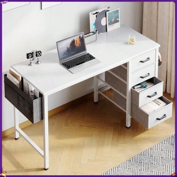 Computer Desk With 4 Storage Drawers , Writing Desk With Headphone Hook & Bag For Home Office, Study/Work Table For Bedroom And Small Space, White