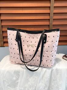 钻石纹纯色蝴蝶结装饰大容量休闲托特包，简约时尚手提包，2025新款 - 彩色 - 查看 1