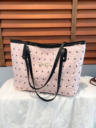 钻石纹纯色蝴蝶结装饰大容量休闲托特包，简约时尚手提包，2025新款