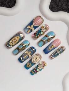 10Pcs/Set Handmade Square Y2K Baddie Acrylic Nails With French Tips, Rhinestones, Cross, Heart, Star, Golden Rose, Snake Skin, Asymmetrical Liquid Metal Design, In Nude, Blue, Gold Colors, Gift For Women & Girls, Includes Tool Kit, Suitable For Party, Dance, Daily Wear Press On Nails Nail Supplies Nails Handmade Press On Nails - Multicolor - View 3