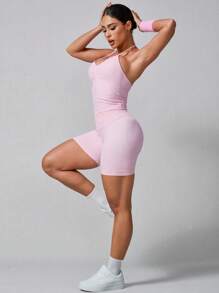 NcmRyu Women's Sexy Solid Color V-Neck Crop Top And Shorts Sports Set