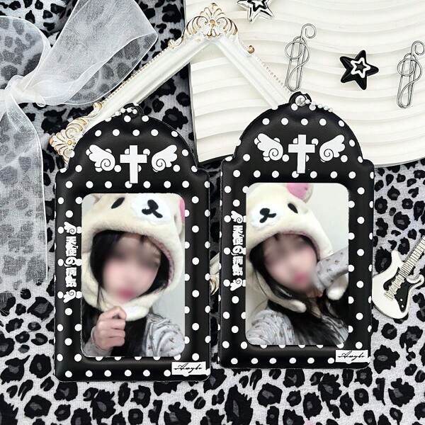 1pc Cute Angel Wings Photo Card Holder, Sweet Japanese Style Polka Dots KPOP Photo Card Clip, Creative Cross Heart Angel Photo Card Holder, Idol Photo Display, PU Material, Suitable For 3-3.5 Inch Fan Photos, Photos, Student IDs, Campus Cards School Supplies, Back To School