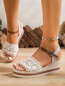 Women's Retro Lace Wedge Sandals, Crochet Design Bohemian Style, Suitable For Vacation And Daily Wear, Thick Woven Platform, Cute And Vintage - Beige - View 5