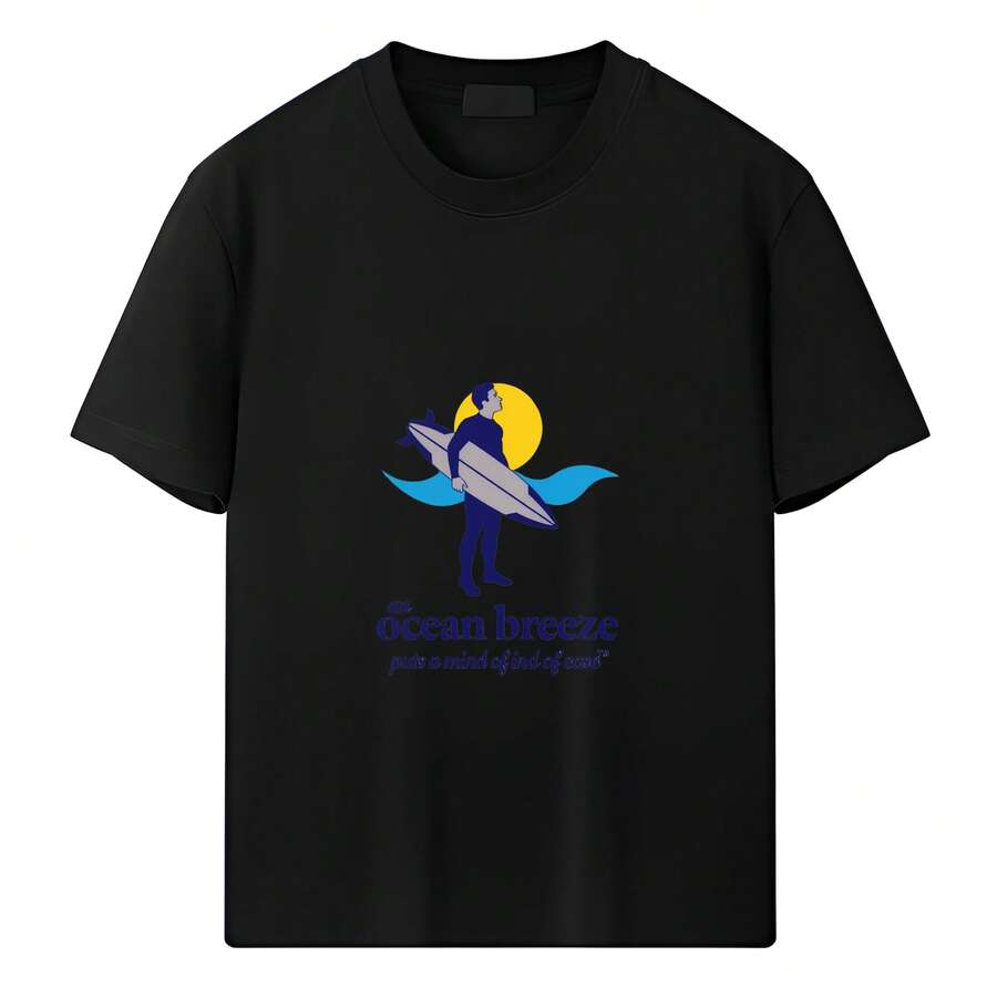 Summer Men's Cotton Printed Short Sleeve Round Neck T-Shirt, 2025 New DIY Short Sleeve- Silhouette Of A Man Carrying A Surfboard, With The Text 'an Ocean Breeze Puts A Mind Of Ind Of Ease' - 黑色 - 查看 1