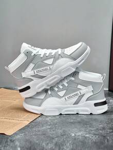 Men's Fashion Letter Pattern Contrast Color Leather Patchwork Lace-Up High-Top Casual Shoes, Personalized Comfortable Versatile Outdoor Daily Commute Flat Sports Sneakers, Great For Casual Jeans Sports Style - white ash - View 5