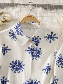 Blusa modesta de manga larga con botones y estampado de estilo árabe para mujer - Multicolor - Ver 3