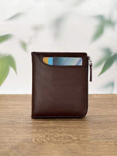 HOVI'S ​​1PC [1.5cm Ultra Thin Wallet] + [PU Leather Zip Closure] + [8 Card Slot Organizer] + [ID Window & Coin Pocket] For Men Women Daily (10.2x9.5x1.5cm) Rich Brown Card Holder Accessories​​
