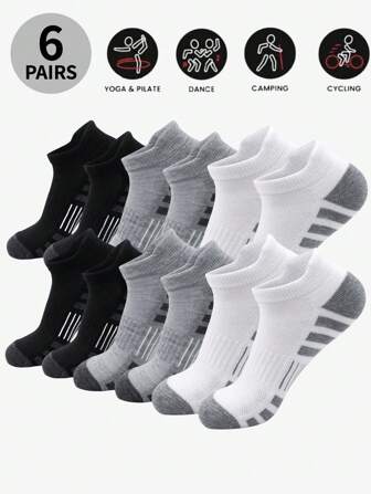 6 Pairs Of Men's Socks,Sports Socks, Basketball Socks, Football Socks, Invisible Socks, White Socks, Short Socks, Black Socks, Low-Top Short Socks, Ankle Socks, Double Line Non-Slip Design, Moisture Wicking, Soft And Breathable, Suitable For Business And Leisure, Outdoor Sports, College Style, Four Seasons Daily Wear, Invisible Socks And Short Socks, For Gym