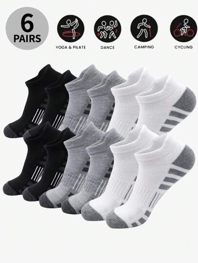 6 Pairs Of Men's Socks,Sports Socks, Basketball Socks, Football Socks, Invisible Socks, White Socks, Short Socks, Black Socks, Low-Top Short Socks, Ankle Socks, Double Line Non-Slip Design, Moisture Wicking, Soft And Breathable, Suitable For Business And Leisure, Outdoor Sports, College Style, Four Seasons Daily Wear, Invisible Socks And Short Socks, For Gym