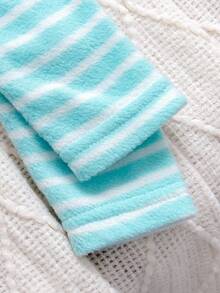 2pcs/Set Newborn Baby Girl Blue & White Striped Kitten Print Round Neck Button Down Long Sleeve Top And High Waist Leggings Outfit, Soft Fabric Comfortable For Daily Wear