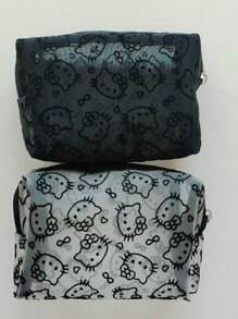 Sanrio 1pc Kitty Flocked & Mesh Portable Cosmetic Bag, Large Capacity Makeup Storage Pouch, Practical For Outdoor Use