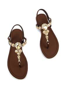女士魅力金色水晶链花卉装饰棕色莱卡面料T字带圆头舒适平底日常派对凉鞋、人字拖、春夏装扮 - 棕色 - 查看 4