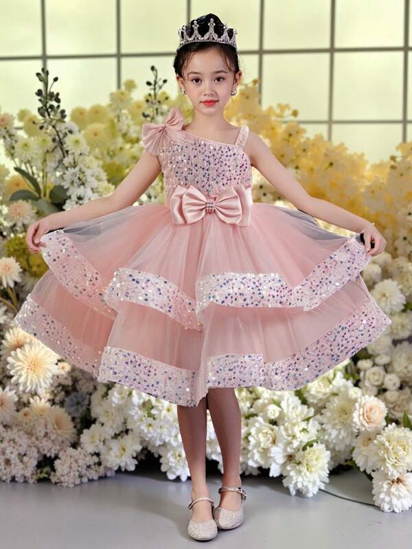 Mädchen funkelndes Tüll Ballkleid als Blumenmädchenkleid, Festtagskleider für Kleine Mädchen