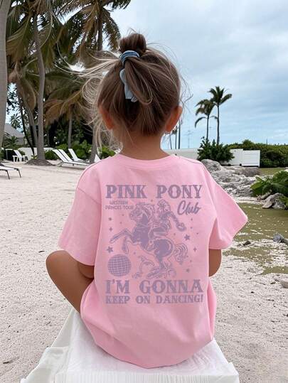 Áo thun tay ngắn cổ tròn in chữ hình ngựa dễ thương cho bé gái