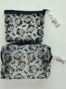 Sanrio 1pc Kitty Flocked & Mesh Portable Cosmetic Bag, Large Capacity Makeup Storage Pouch, Practical For Outdoor Use