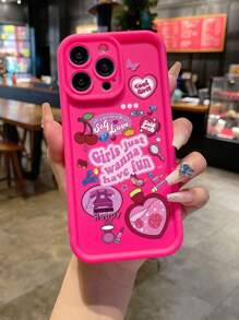 Funda de teléfono con corazón, cereza, lápiz labial y mariposa, de estilo femenino y energético, compatible con iPhone 13, 14, 15, 16, 16 Pro Max, 16 Plus, color rosa fuschia