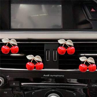 2/4 piezas Difusor decorativo con incrustaciones de diamantes en forma de cereza para ventilación de coche, ambientador de coche con fragancia para mujeres