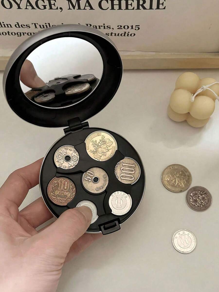 1pc Euro Coin Holder Round Shape Coin Case With Makeup Mirror Portable Euro Coin Storage Box For Men Wallet Mini Wallet Purse Wallet Coin Wallet Wallet For Women Wristlet Wallet - Multicolor - View 1
