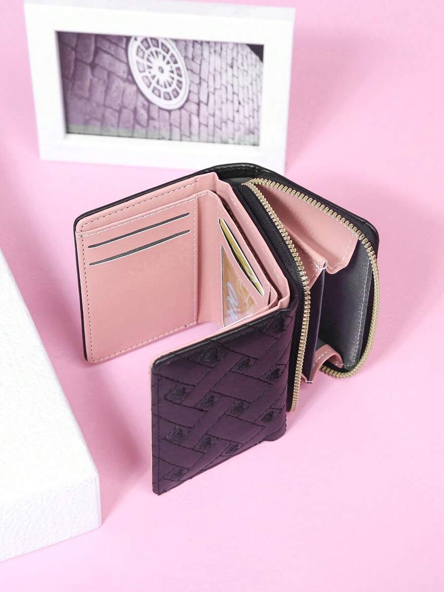 Heart Pattern Small Wallet Stitch Detail With Zipper Daily PU Leather Portable ID Card Money Credit Card Minimalist Fashion Modern Business Anniversary Christmas On Valentine Day For Birthday Gift Gift Lover Women Girls Female Lady