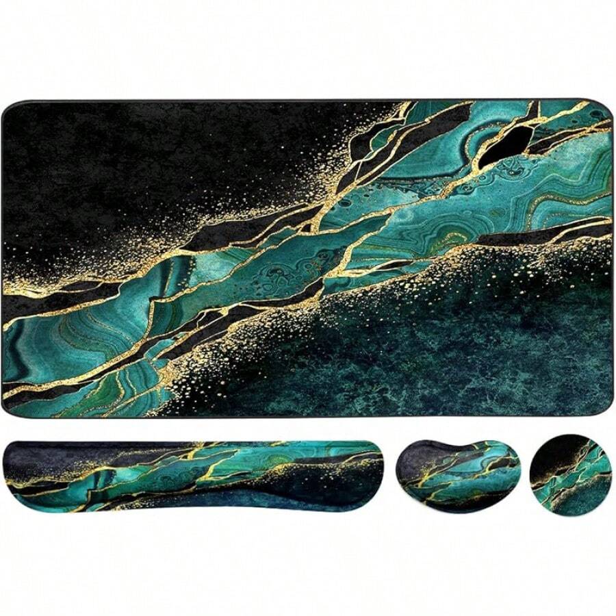 Large Mouse Pad Desk Dad, 4-In-1 Keyboard Wrist Rest Pad & Wrist Support Mouse Pad Set, Extended Desk Pad Waterproof Desk Home Office Study Game-Blue Marble - Đá cẩm thạch Malachite - Xem 1