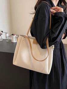 1 件纯色 PU 皮革女士单肩包，休闲缝线大容量托特包，配有可拆卸可调节肩带，拉链开合，适合旅行、购物、约会，以及送给年轻女性、学生和职场女士的礼物。非常适合办公室、学校、工作、通勤、户外、旅行