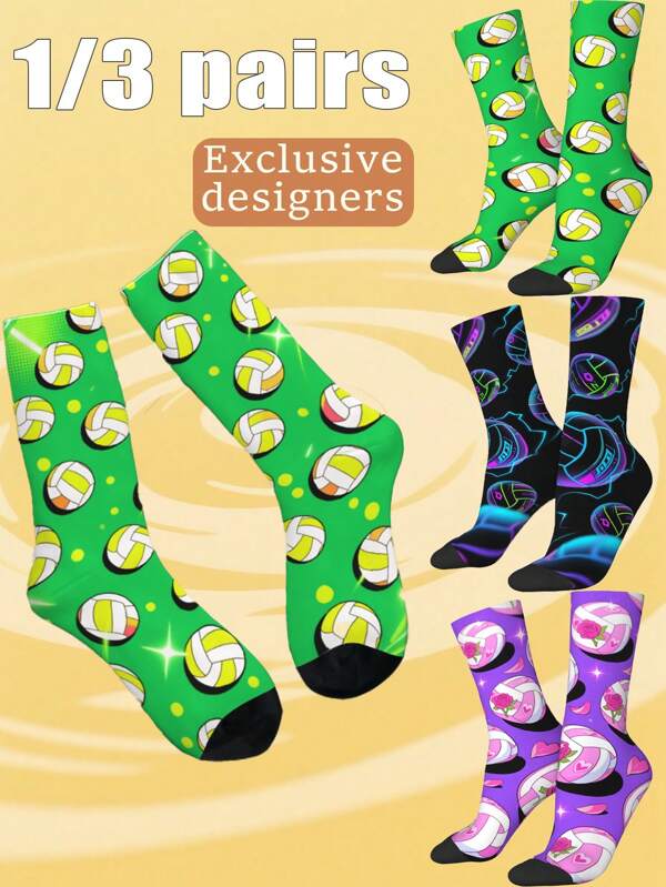 1/3 Pares de calcetines deportivos de voleibol para parejas, calcetines impresos de voleibol con estampado de fitness, cómodos y transpirables para deportes y uso casual