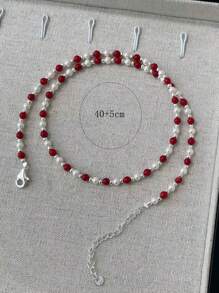 Sterling Silber Halskette mit natürlichen roten Achat-Perlen, vintage elegante rote und weiße Kombination, anmutig und edel