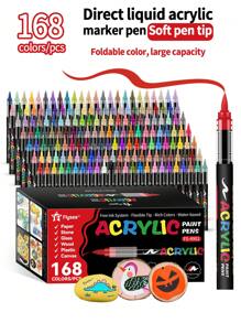 12/24/36/48/60/72/120/168/240pcs Set Acrylic Marker Pens, Acrylic Marker Brush Tip Mixed Color Set, Opaque Watercolor Pens For Art Students DIY, Suitable For Rock Painting, Calligraphy, Scrapbooking, Handwriting, Card Making, Black Card Paper, Stone Painting, Christmas Decoration, Wood, Plastic, Canvas