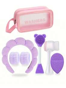 7-Piece Facial Cleansing Set, Deep Cleansing Beauty SPA Mask Brush Set, Scrunchies Set, Silicone Gentle Face Brush, Soft Velvet Headband, Gentle Exfoliating Brush, Portable Skincare Tool Set (With Wash Bag), Suitable For Women, Ideal Christmas Gift, Fragrance-Free, No Power/Battery Required