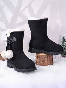 زوج من بوت الأطفال متوسطة الساق مزينة بفيونكة، بطانة من الفرو الصناعي، وظيفة دافئة، متوسطة الارتفاع، كعب مسطح، طراز أزياء، باللون البني مناسبة للموسم البارد