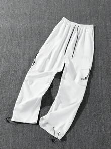 Men's Casual Multi-Pocket Straight Leg Cargo Pants, Drawstring Adjustable Waist And Hem, Oversized Loose Fit Wide Leg Trousers - White - View 2