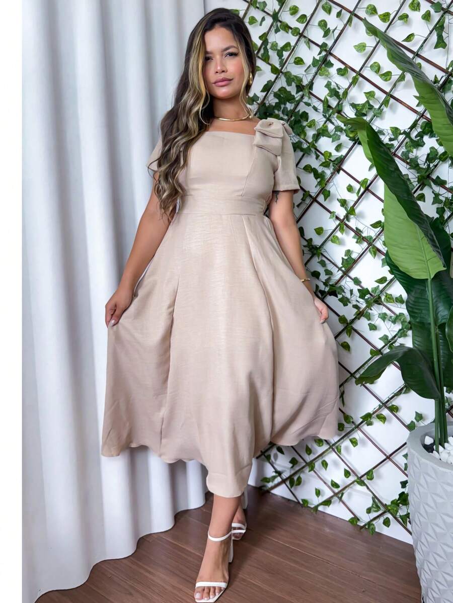 Short Sleeve Midi Dress Simple Linen Ruffle Hem Zipper Summer Wedding - 裸色 - 查看 1