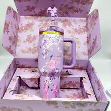 40oz Insulated Rose Pattern Water Bottle With Straw | Leakproof Lid | Gift Ready For Sports & Travel - 紫色 - 查看 2