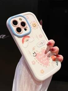 Funda con estampado de manzana de 1 pieza y eslogan para iPhone 11 12 13 14 Pro Max 15 16 Pro Max, de color blanco y arcoíris, con un diseño de cara sonriente y soleado