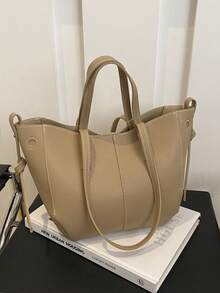 Women's PU Crossbody Bucket Bag, Large Capacity Underarm Tote Bag With Wings, Deep Brown, No-Wash, Oil-Edge - Khaki - View 1