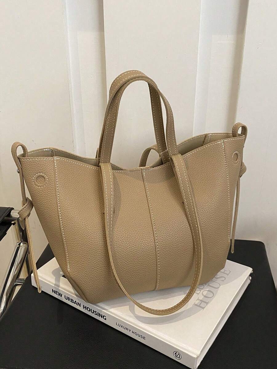 Women's PU Crossbody Bucket Bag, Large Capacity Underarm Tote Bag With Wings, Deep Brown, No-Wash, Oil-Edge - Khaki - View 1