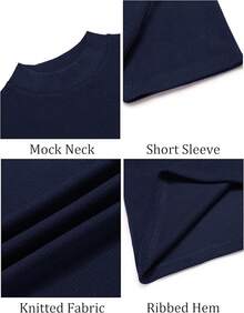 Mens Mock Turtleneck Sweater Short Sleeve Turtle Neck Sweaters Casual Ribbed Knitted Pullover Tops Solid Basic Tee - 藏蓝色 - 查看 5