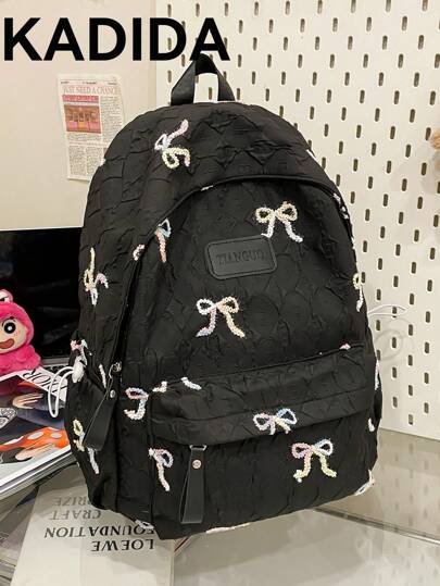Mochila grande de unicolor clásico con lazo, versátil para estudiantes, escuela, ir y venir