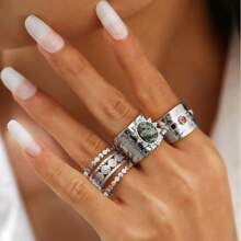 Conjunto de 3 anillos anchos de estilo retro punk decorados con rhinestones para mujeres, anillos ajustables de metal huecos y personalizados