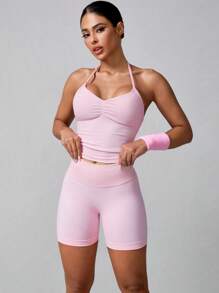 NcmRyu Women's Sexy Solid Color V-Neck Crop Top And Shorts Sports Set